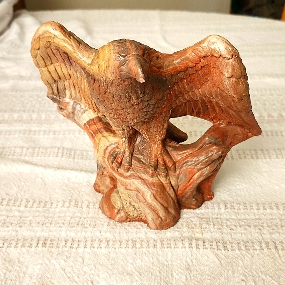 Eagle on Rock Branch Swirl Layered Clay Sculpture Signed Pottery